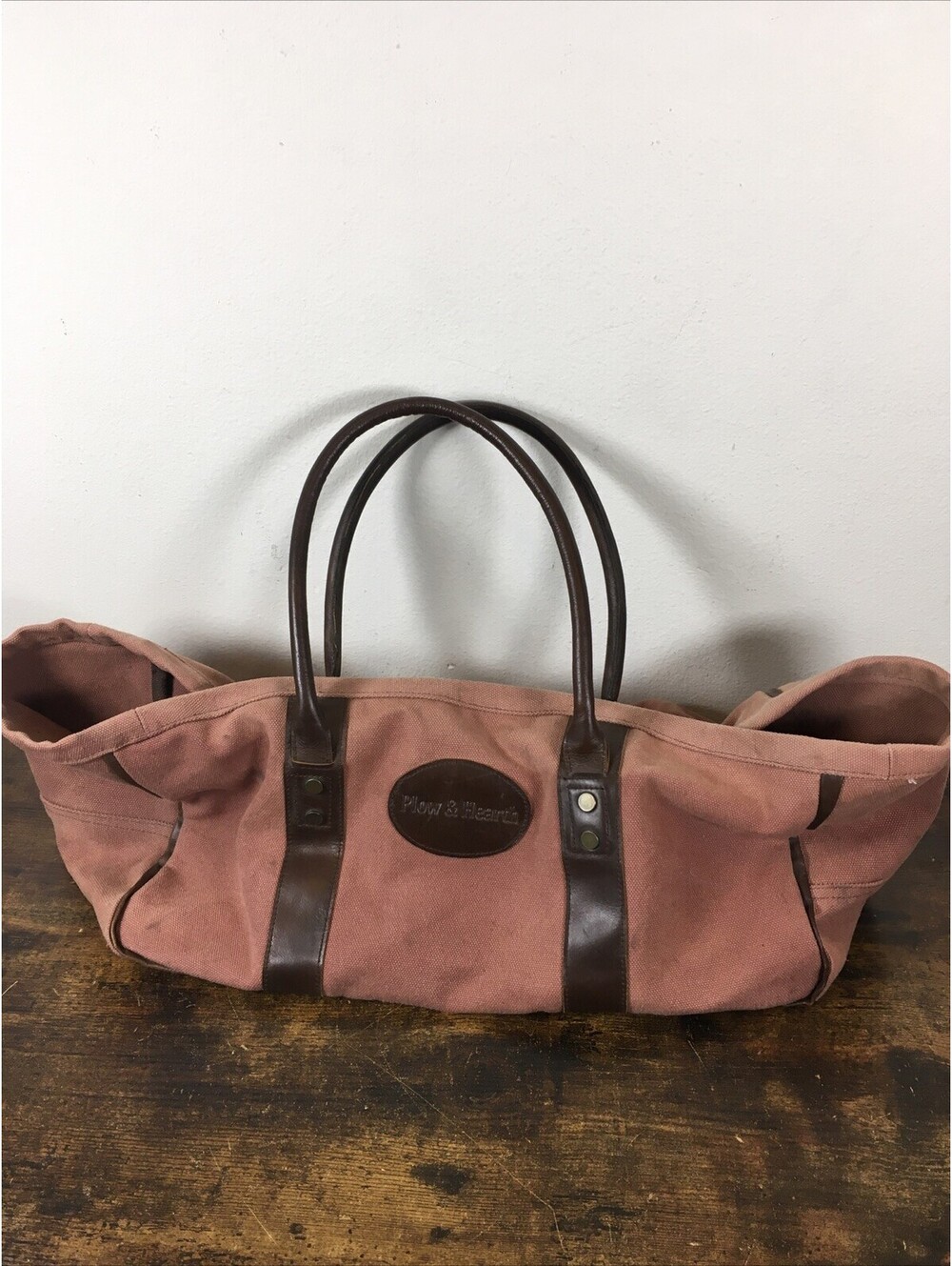 Plow & Hearth Dusty Rose Canvas Log Carrier Leather Handles Rustic Country Livin